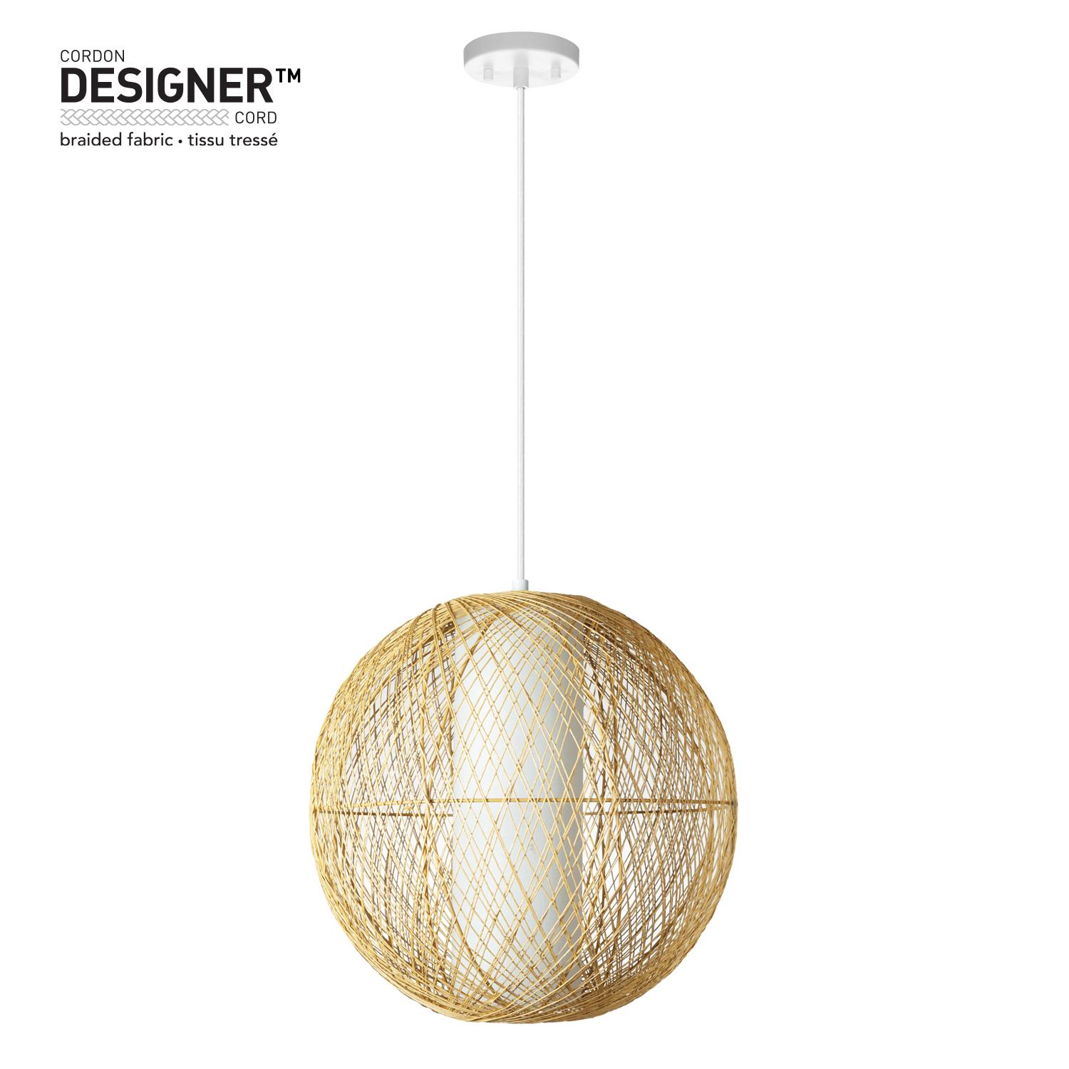 Globe Electric 1-Light Natural Rattan Pendant with White Inner Fabric Shade and Designer White Cloth Cord， Bulb Included， 61014