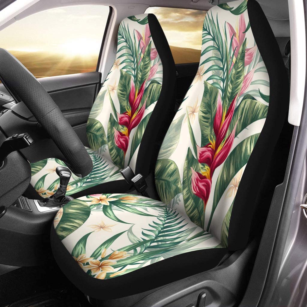 FMSHPON Set of 2 Car Seat Covers Tropical Flowers Watercolor Universal Auto Front Seats Protector Fits for Car，SUV Sedan，Truck