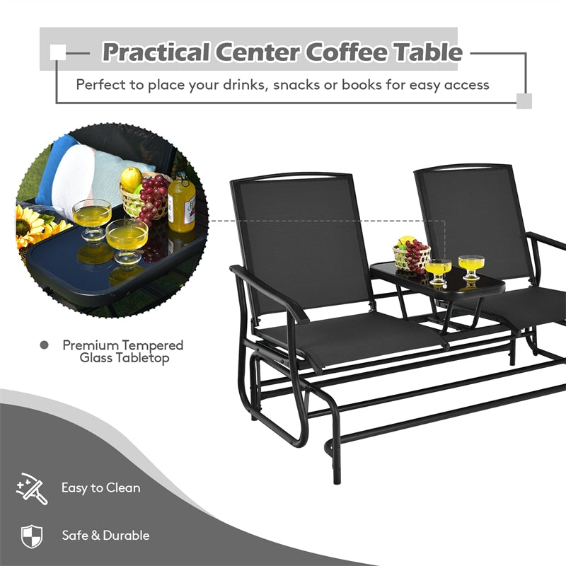 Outdoor 2-Person Rocking Loveseat Patio Bench Glider Chair with Center Tempered Glass Table