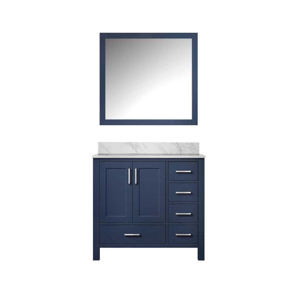 Lexora Jacques 36 in. W x 22 in. D Left Offset Navy Blue Bath Vanity Carrara Marble Top and 34 in. Mirror LJ342236SEDSM34L