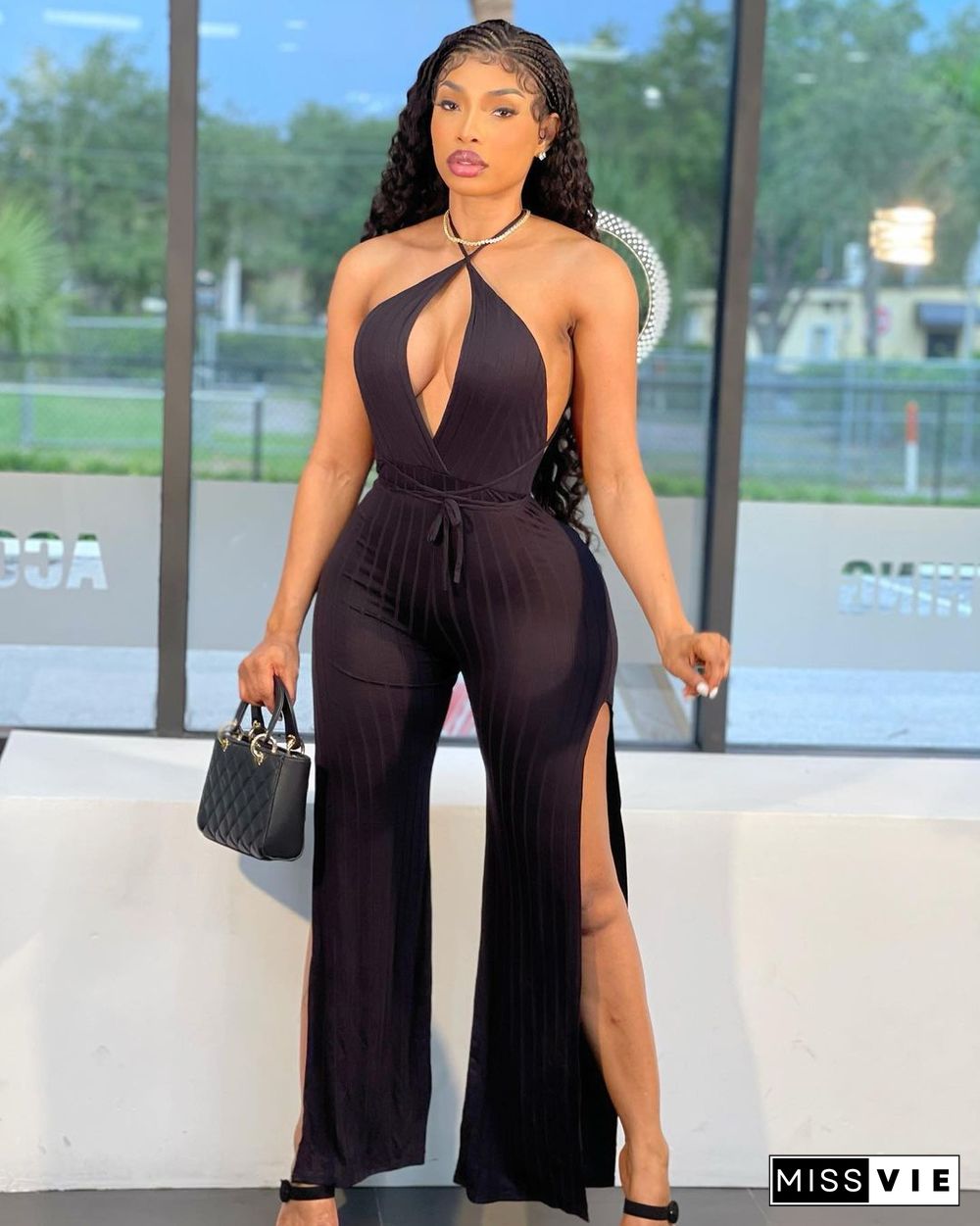 Sexy Women Solid Color Deep V-Neck Sleeveless Wide Leg Slit Hem Backless Halter One Piece Jumpsuit