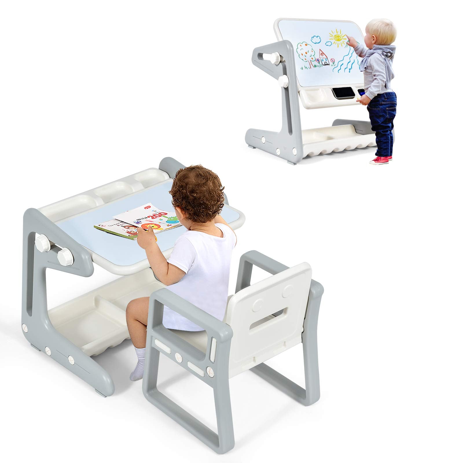 Costzon 2 in 1 Kids Table & Chair, Art Easel w/Adjustable Magnetic Painting Board, Storage Space