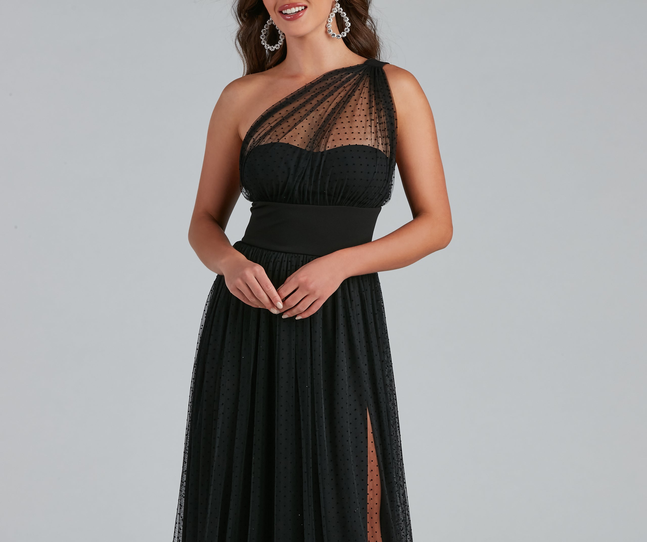 Jessy Swiss Dot Cowl A-Line Formal Dress