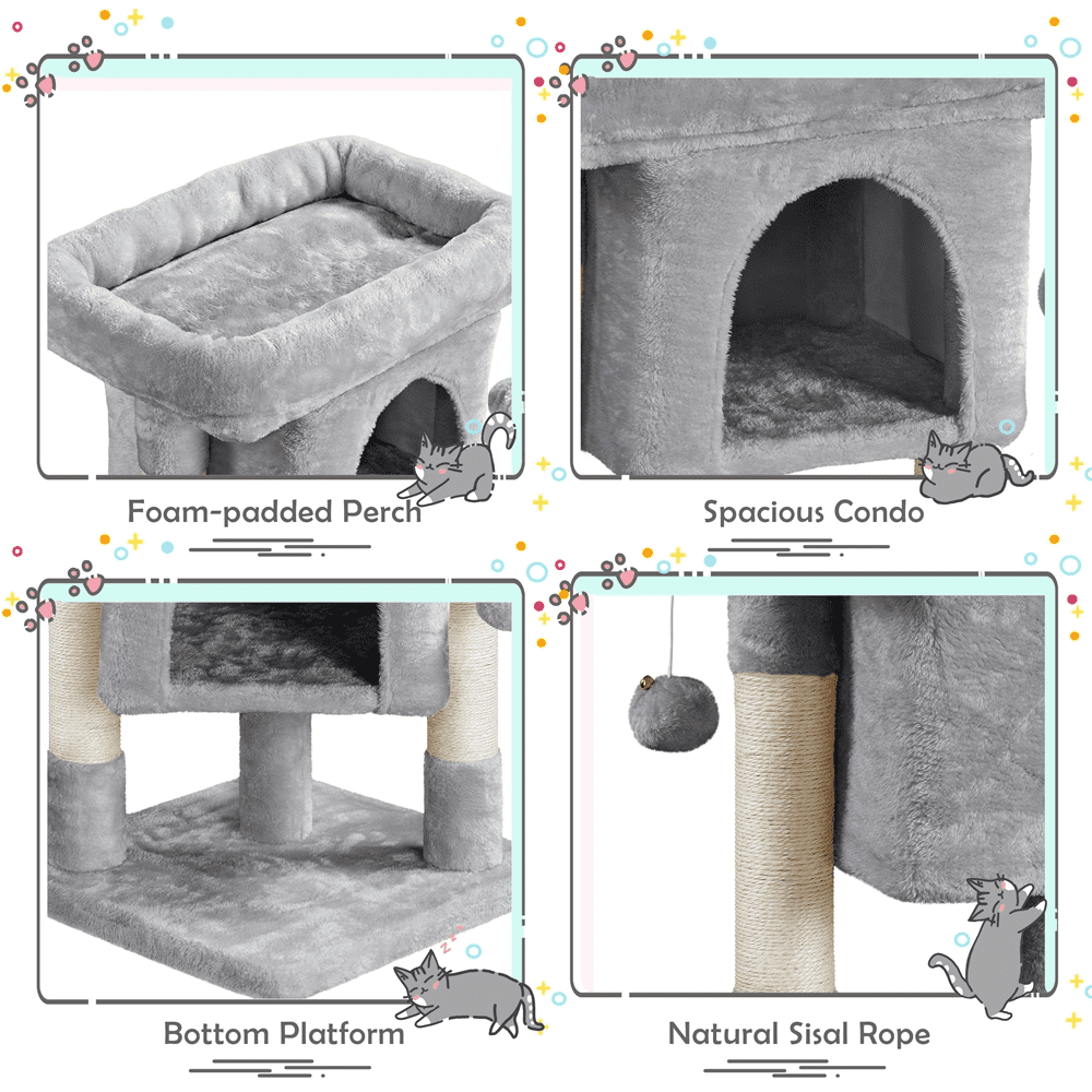 Easyfashion 2-Level Cat Tree Kitten Condo House with Plush Perch， Light Gray