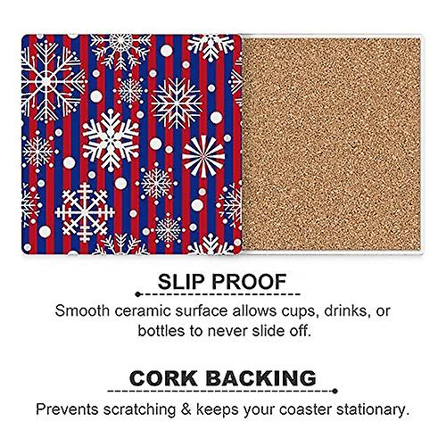 Colourlife Snowflakes With Blue And Red Stripes Printed Square Ceramic Coaster For Drinks With Cork Base For Coffee Cups Place Mats For Home Decor Set