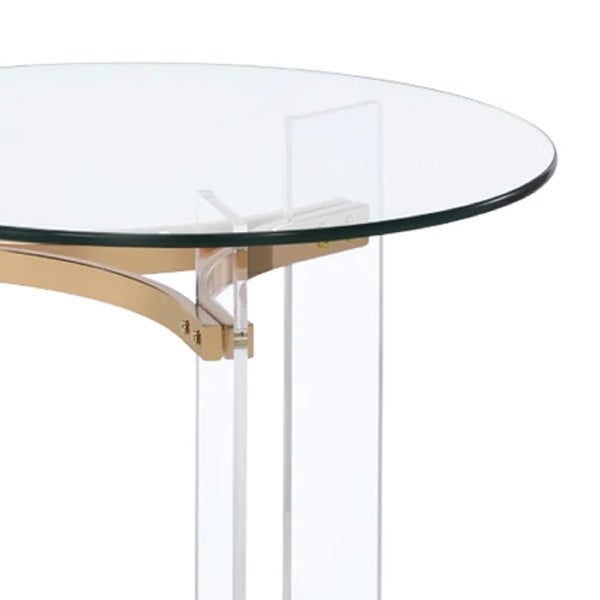 Hale 23 Inch Round End Table， Glass Top， Acrylic Legs， Clear， Gold