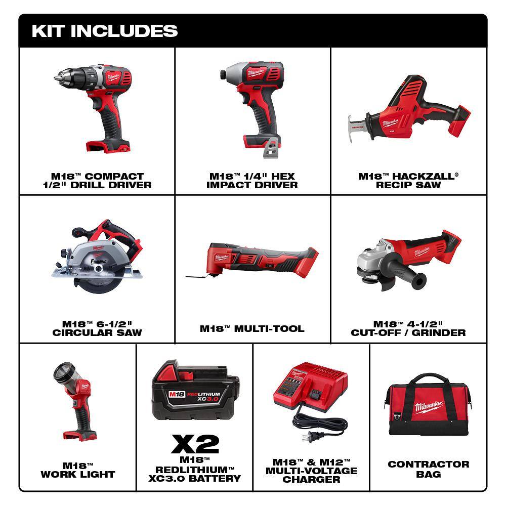 MW M18 18V Lithium-Ion Cordless Combo Tool Kit (7-Tool) with Two 3.0 Ah Batteries Charger and Tool Bag 2695-27S