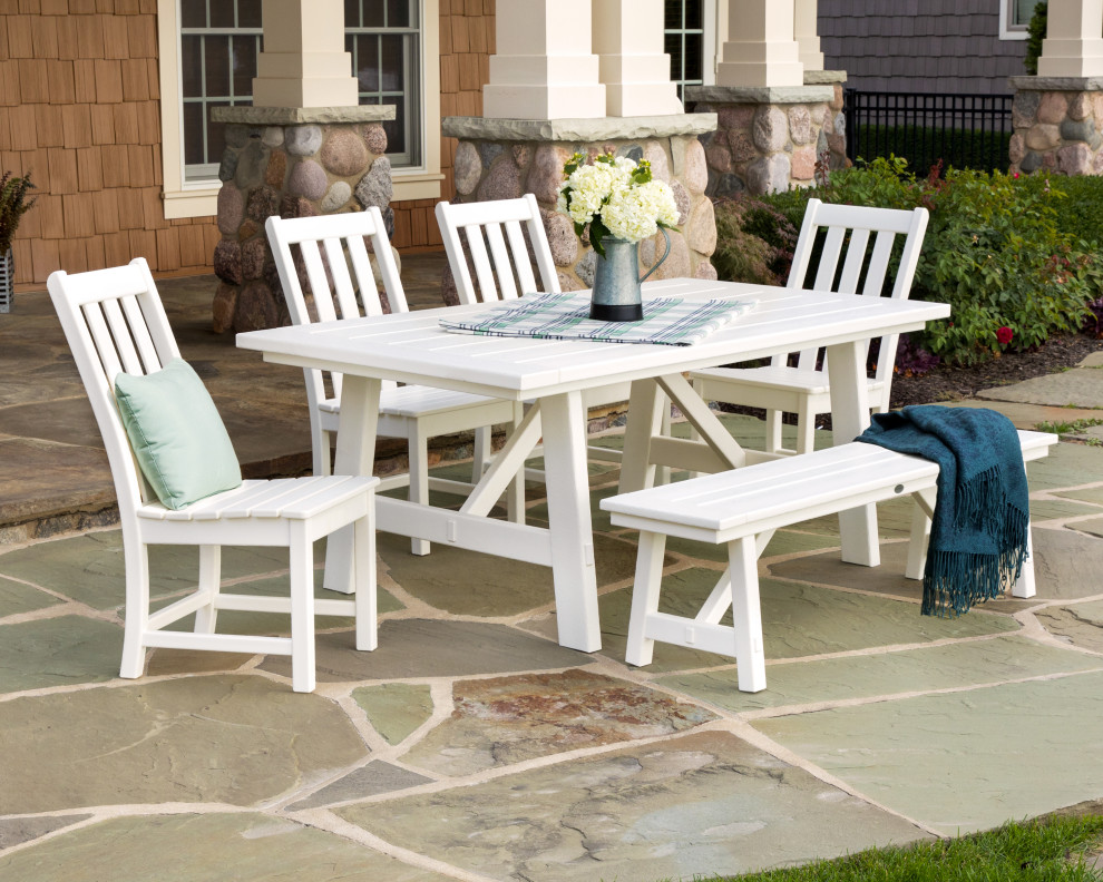 POLYWOOD Vineyard 6 Piece Rustic Farmhouse Side Chair Dining Set With Bench   Transitional   Outdoor Dining Sets   by POLYWOOD  Houzz