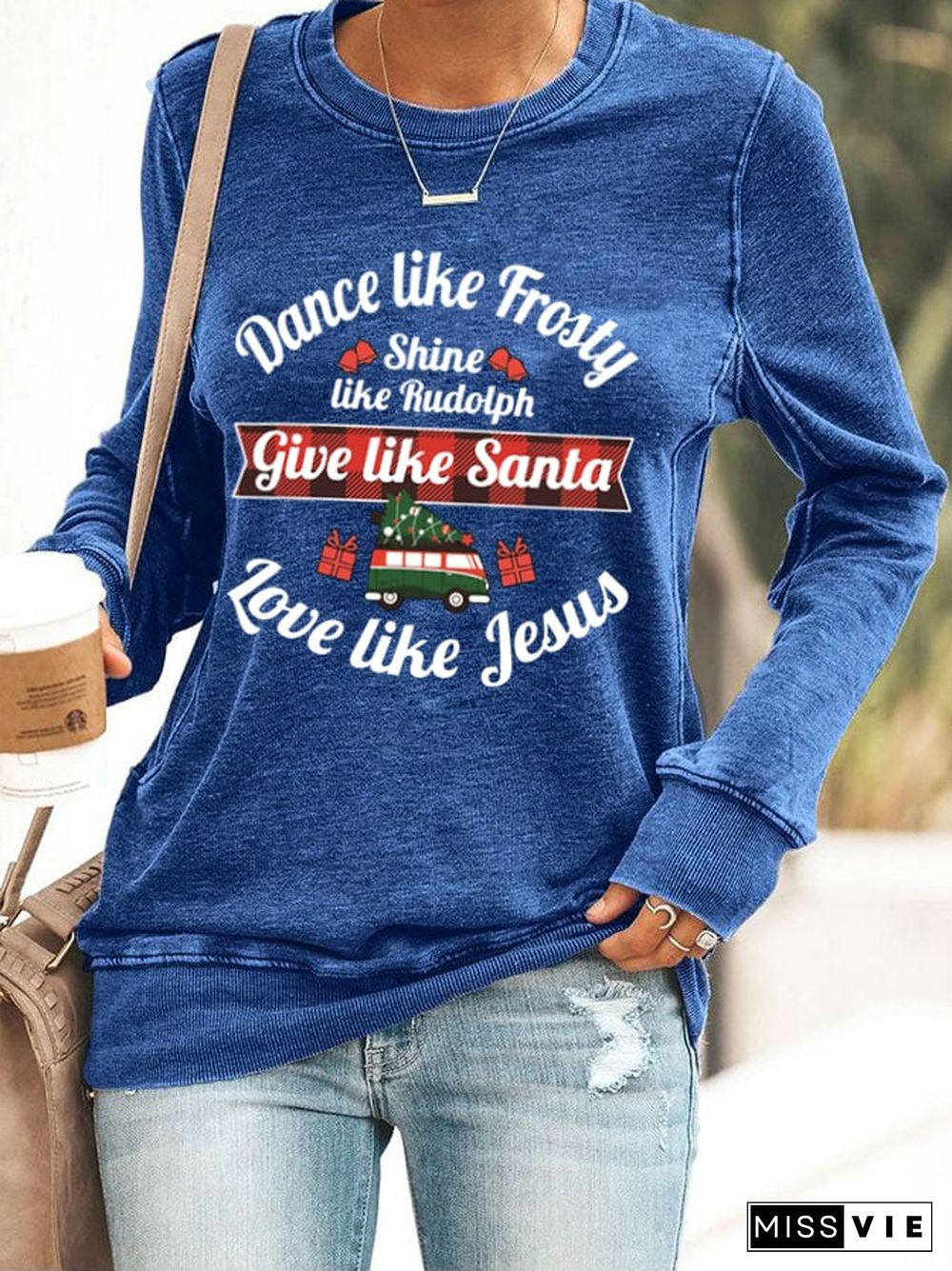 Women's Dance Like Frosty, Shine Like Rudolph, Give Like Santa Love Like Jesus Print Casual Sweatshirt