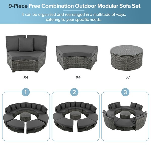 9Piece Outdoor Patio Furniture，Circular Outdoor Sofa Set with Tempered Glass Coffee Table