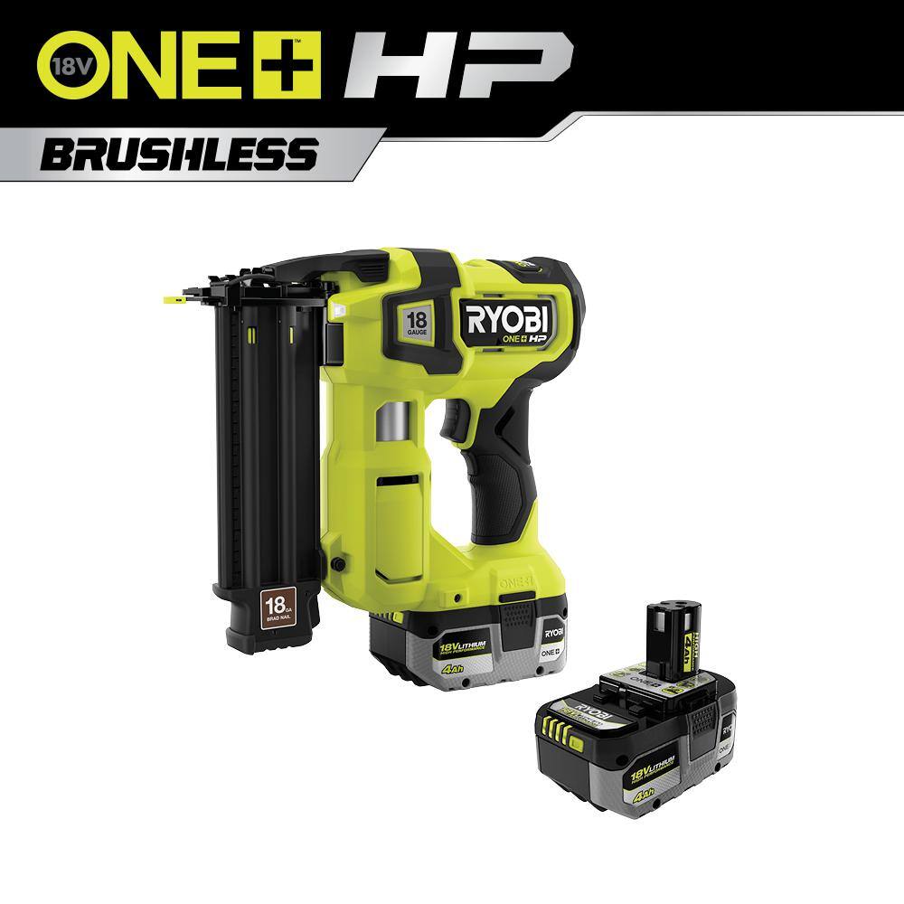 RYOBI ONE+ HP 18V 18-Gauge Brushless Cordless AirStrike Brad Nailer and ONE+ 18V HIGH PERFORMANCE Battery (2-Pack) P322-PBP2004