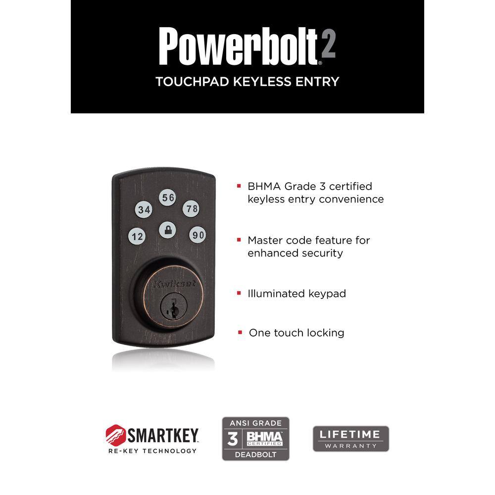 Kwikset Powerbolt2 Venetian Bronze Single Cylinder Keypad Electronic Deadbolt Featuring SmartKey Security 99070-103