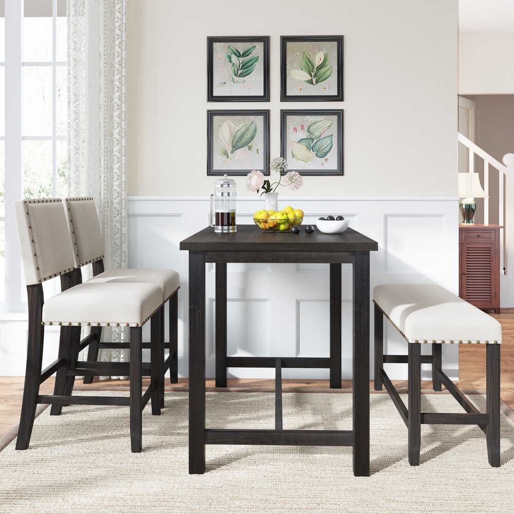 Rustic Wooden 4 Piece Counter Height Dining Table Set with Upholstered Bench