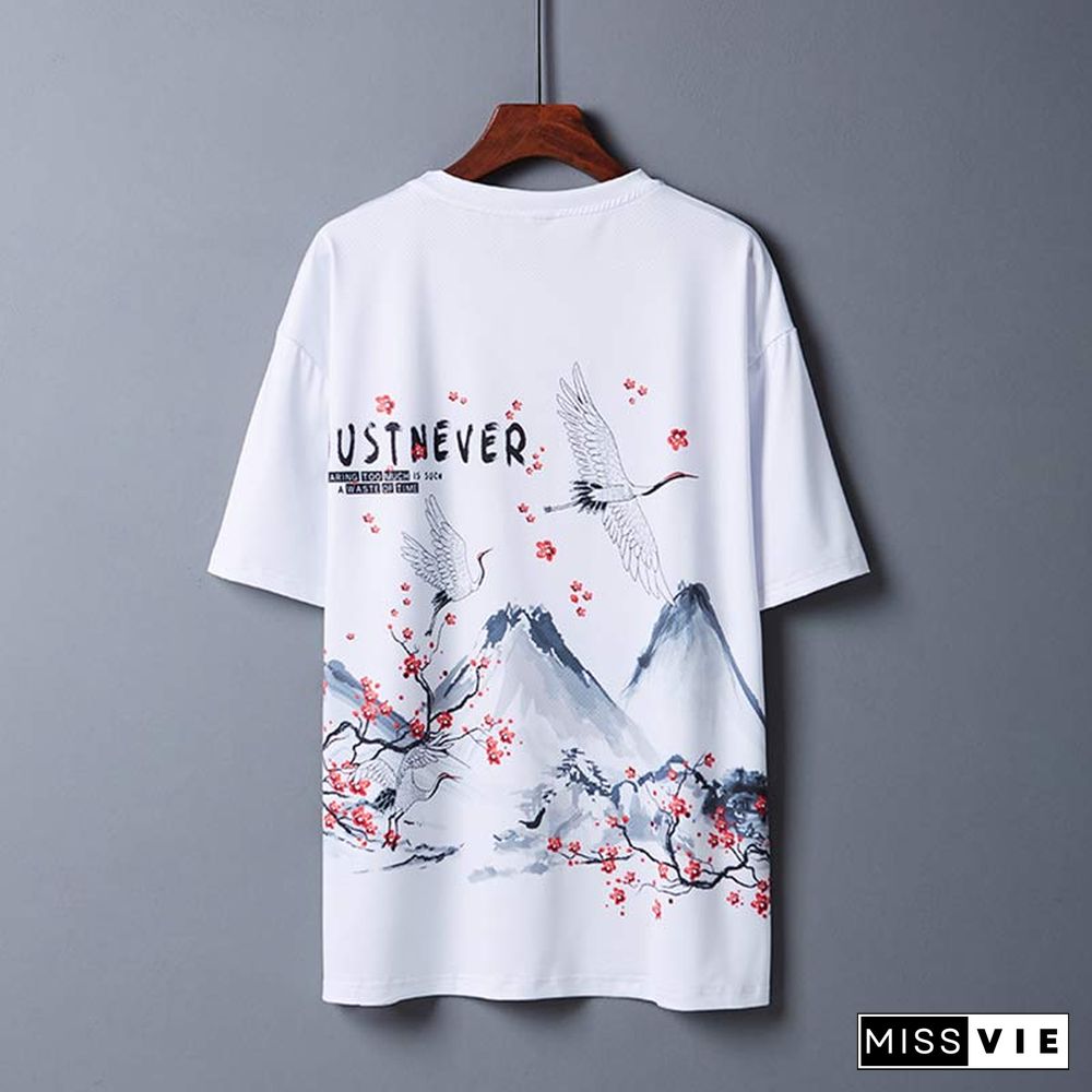 Vintage Sakura Fox Crane Print Casual T-Shirt