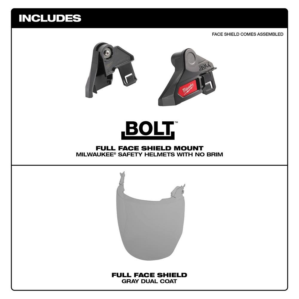 Milwaukee BOLT Full Face Shield Gray Dual Coat Lens Compatible with Milwaukee Safety Helmet No Brim