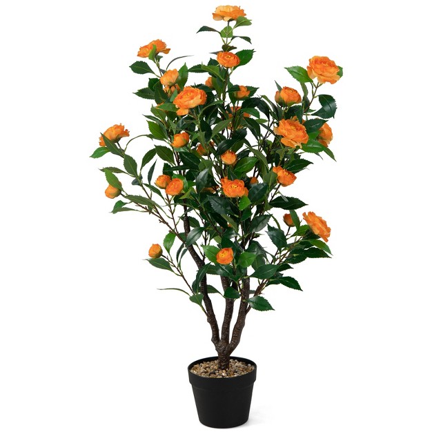 Artificial Camellia Tree Faux Flower Plant Artificial Tree In Cement Pot Greenery Potted Plant For Outdoor and Indoor Decor