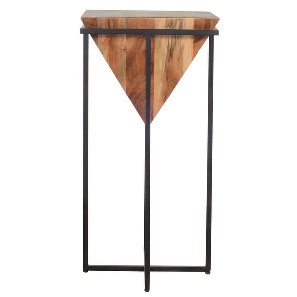 30 Inch Pyramid Shape Wooden Side Table With Cross Metal Base， Brown and Black