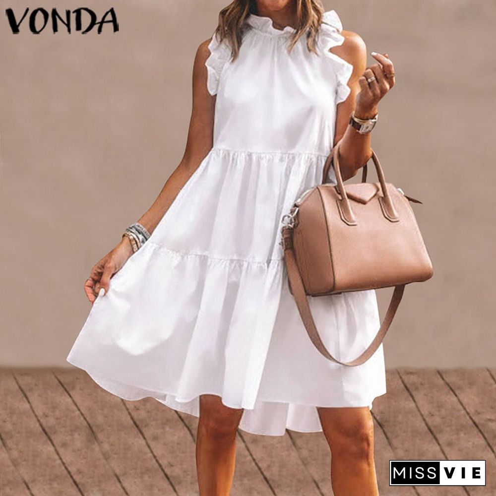 Summer Short Dress Women Sexy Sleeveless Ruffled Dress Beach Holiday Sundress VONDA Bohemian Vestidos Plus Size Robe Femme