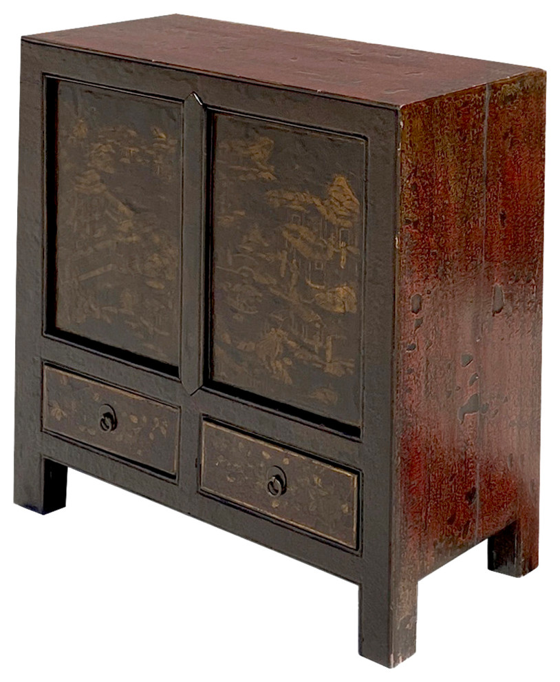 Distressed Brown Golden Nature Mountain Scenery Side Table Cabinet Hcs6140   Asian   Side Tables And End Tables   by Golden Lotus Antiques  Houzz