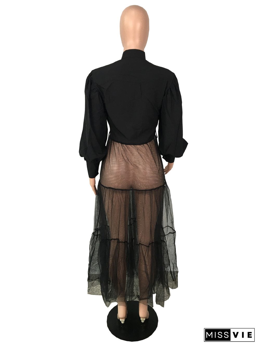 Casual Sheer Mesh Patchwork Solid Color Long Puff Sleeve Blouse Shirt Women Long Maxi Dress