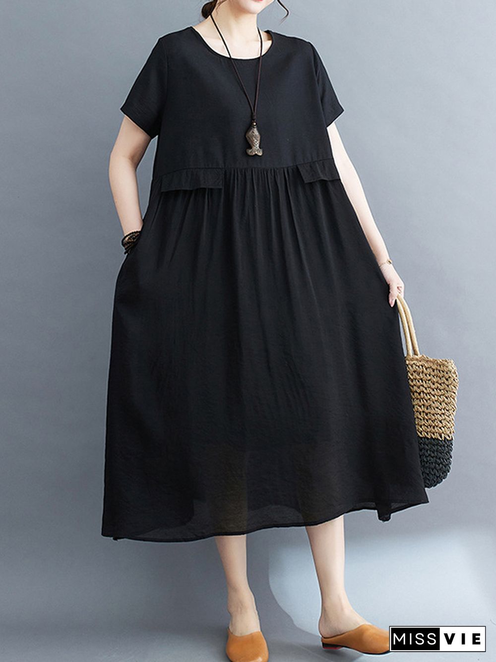 Loose Short Sleeves Gauze Solid Color Split-Joint Round-Neck Midi Dresses