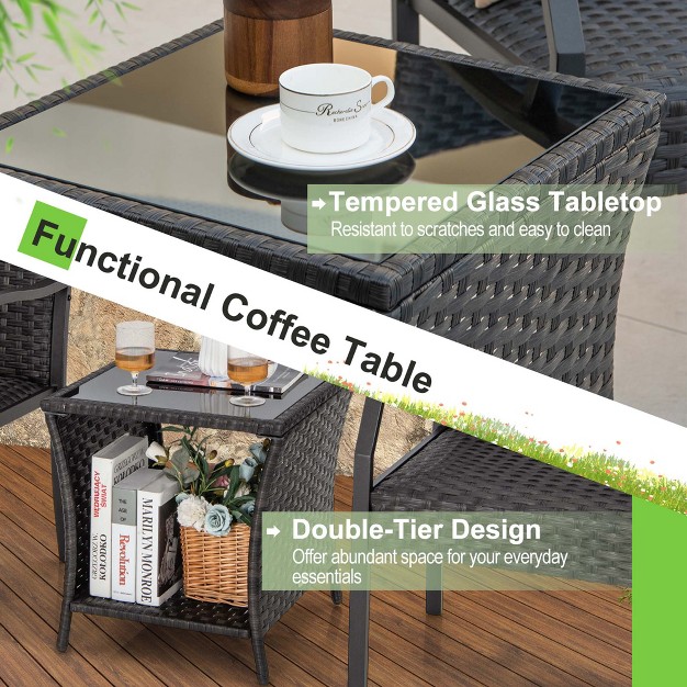 Costway 3 Pcs Patio Conversation Set Wicker Chair Tempered Glass Table Cushioned Seat Quick Dry Foam