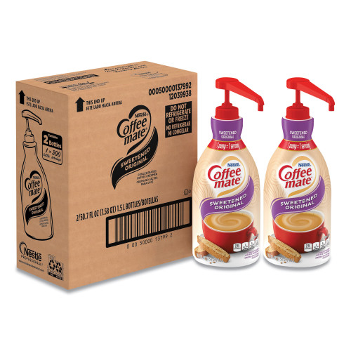 Coffee-mate Liquid Coffee Creamer， Sweetened Original， 1.5 Liter Pump Bottle， 2/Carton (13799CT)