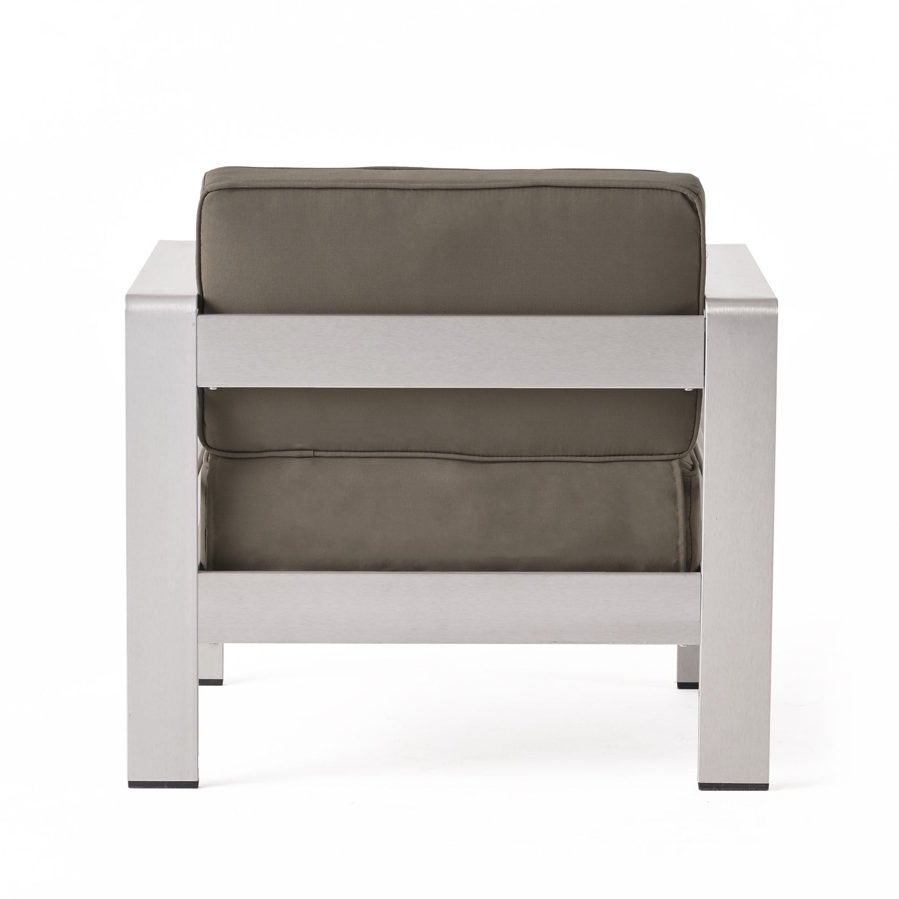 Danae Outdoor Modern 7 Seater Aluminum Chat Set with Ottomans, Silver and Khaki