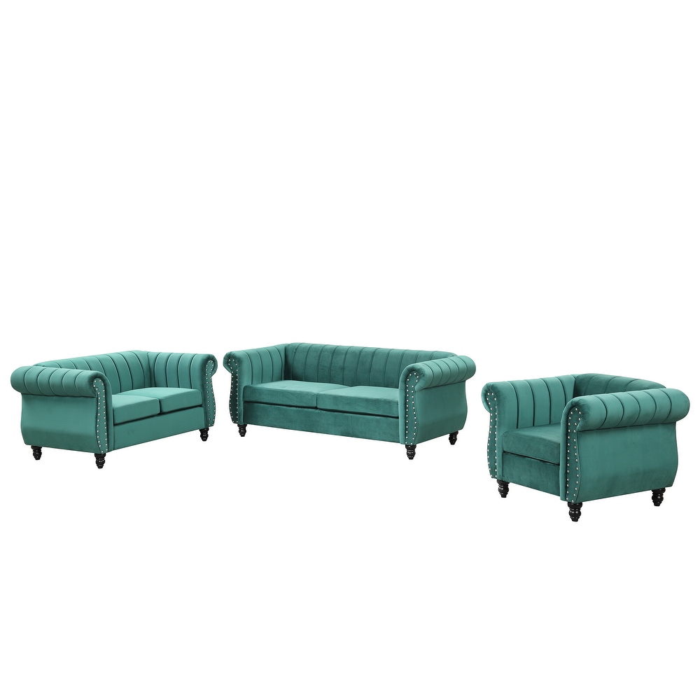 Classic Frosted Velvet Chesterfield Sofa Set (3 Seater + Loveseat + Single Sofa)