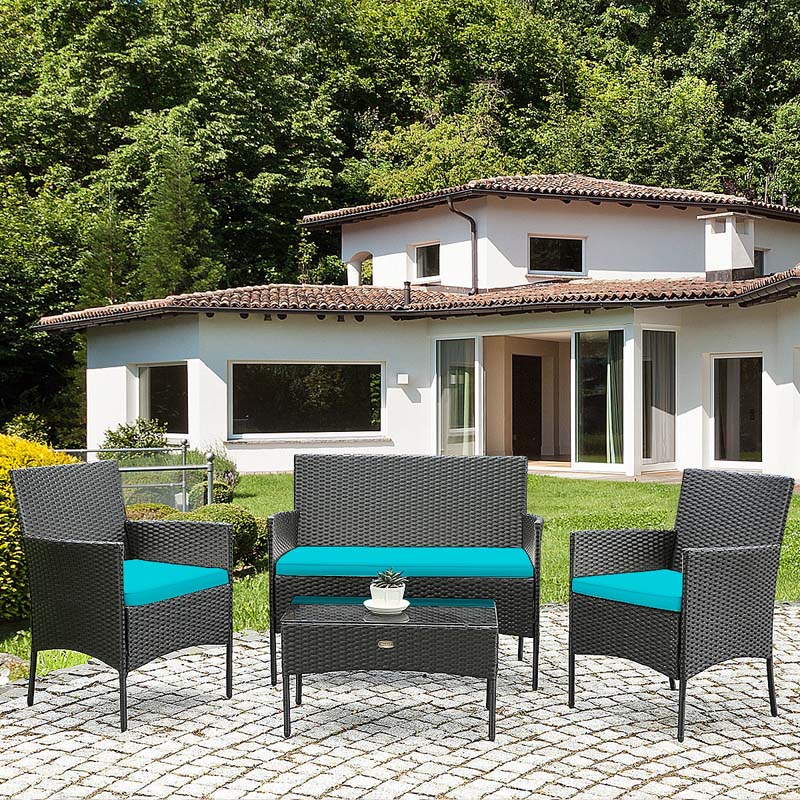 4 Pcs Rattan Patio Conversation Furniture Set Wicker Outdoor Sofa Set with Cushions & Coffee Table