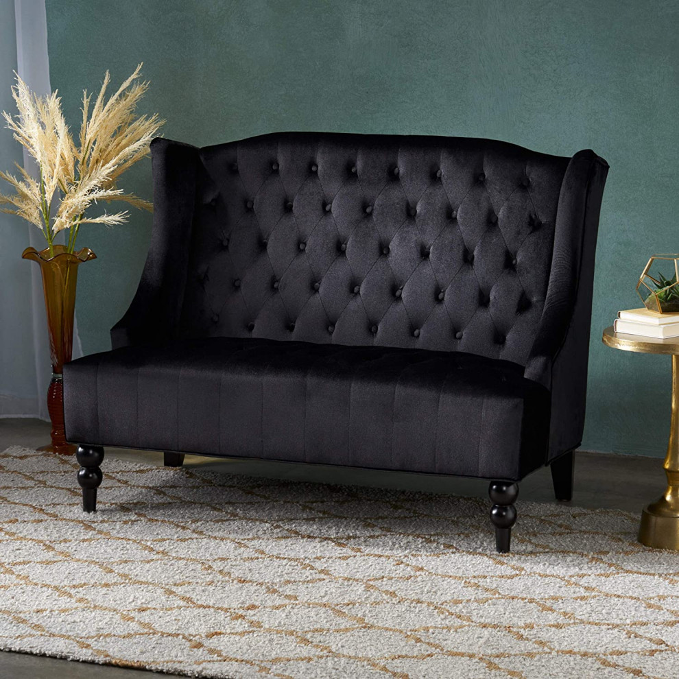 Traditional Loveseat  Velvet Seat With Button Tufted Wingback  Black/Dark Brown   Contemporary   Loveseats   by Declusia  Houzz