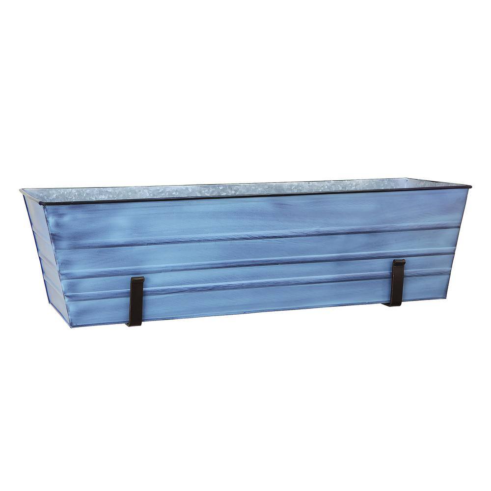 ACHLA DESIGNS 35.25 in. W Nantucket Blue Large Galvanized Steel Flower Box Planter With Wall Brackets C-21NB-WM