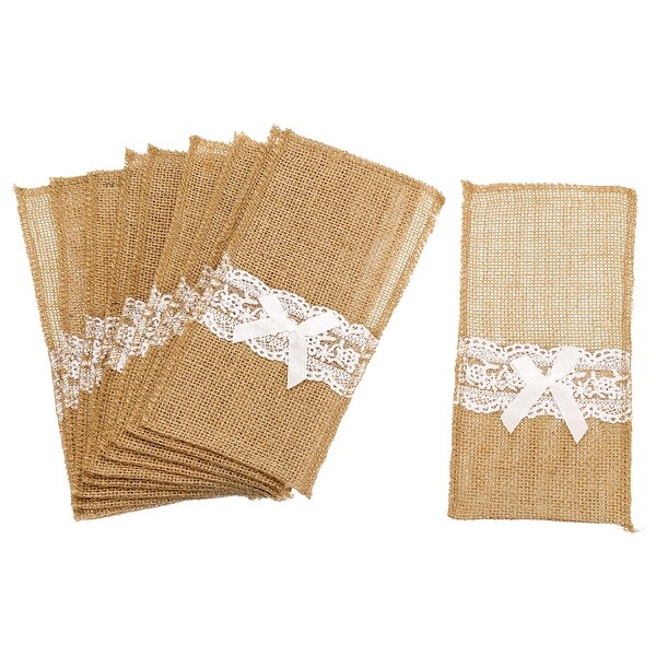 20Pcs Burlap Lace Utensil Holder Knife Forks Bag Cutlery Pouch for Wedding Party - Light Brown