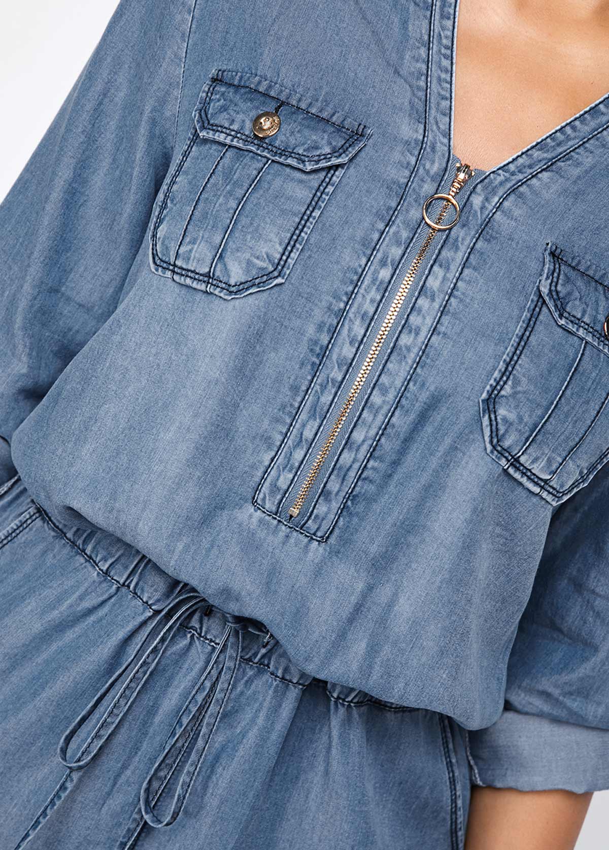 Denim Chest Pocket Turndown Collar Dress
