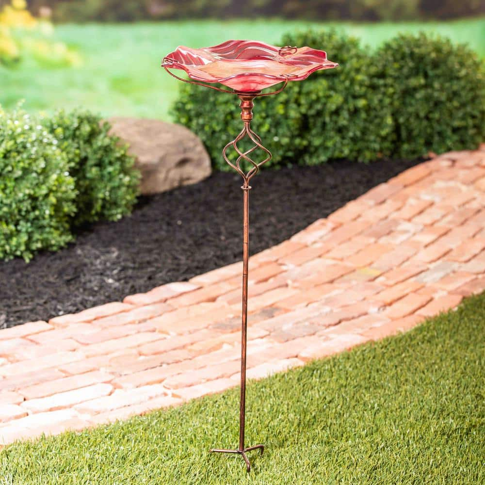 Evergreen Red Swirl Glass Birdbath with Garden Stake 2GB7022ECM