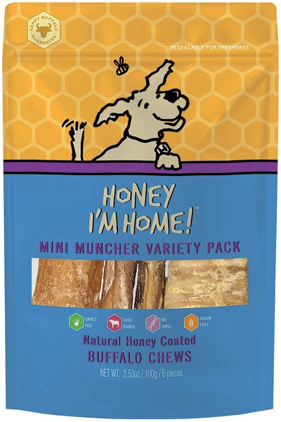 Honey I'm Home! Mini Muncher Variety Pack Natural Honey Coated Buffalo Chews Grain-Free Dog Treats， 6 count