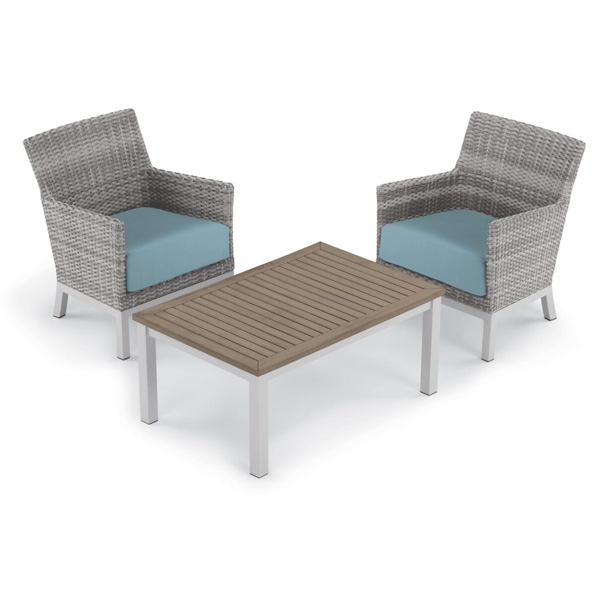 Argento 3 Piece Wicker Patio Conversation Set W/ Tekwood Vintage Coffee Table and Ice Blue Cushions By Oxford Garden