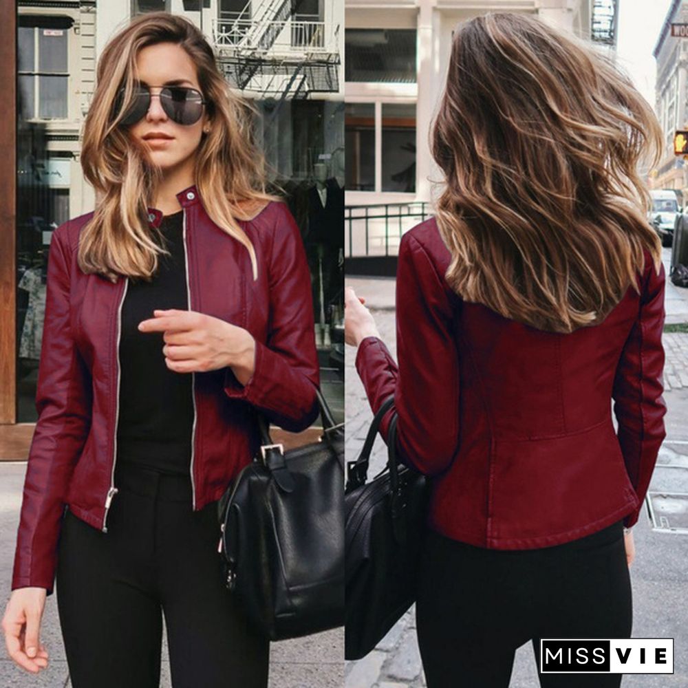 Women Spring Zipper Casual PU Leather Soft Motorcycle Leather Jacket Coat