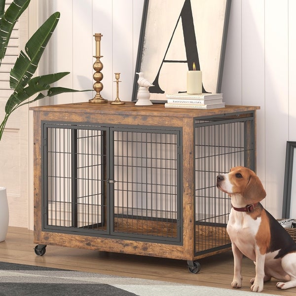 Side Table Dog Cage with Double Doors on Casters