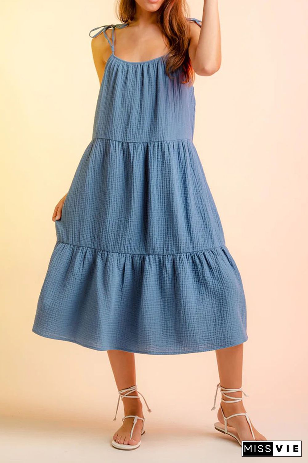 Plain Tie Cami Strap Tiered Midi Dress