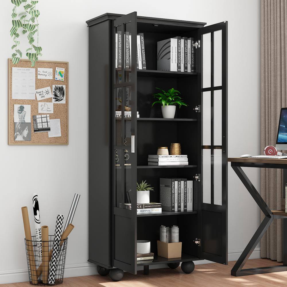 FUFUGAGA 72.3 in. Black Wood 5-Shelf Standard Bookcase with Ball-Shape Legs DRF-WFKF180068-01-d