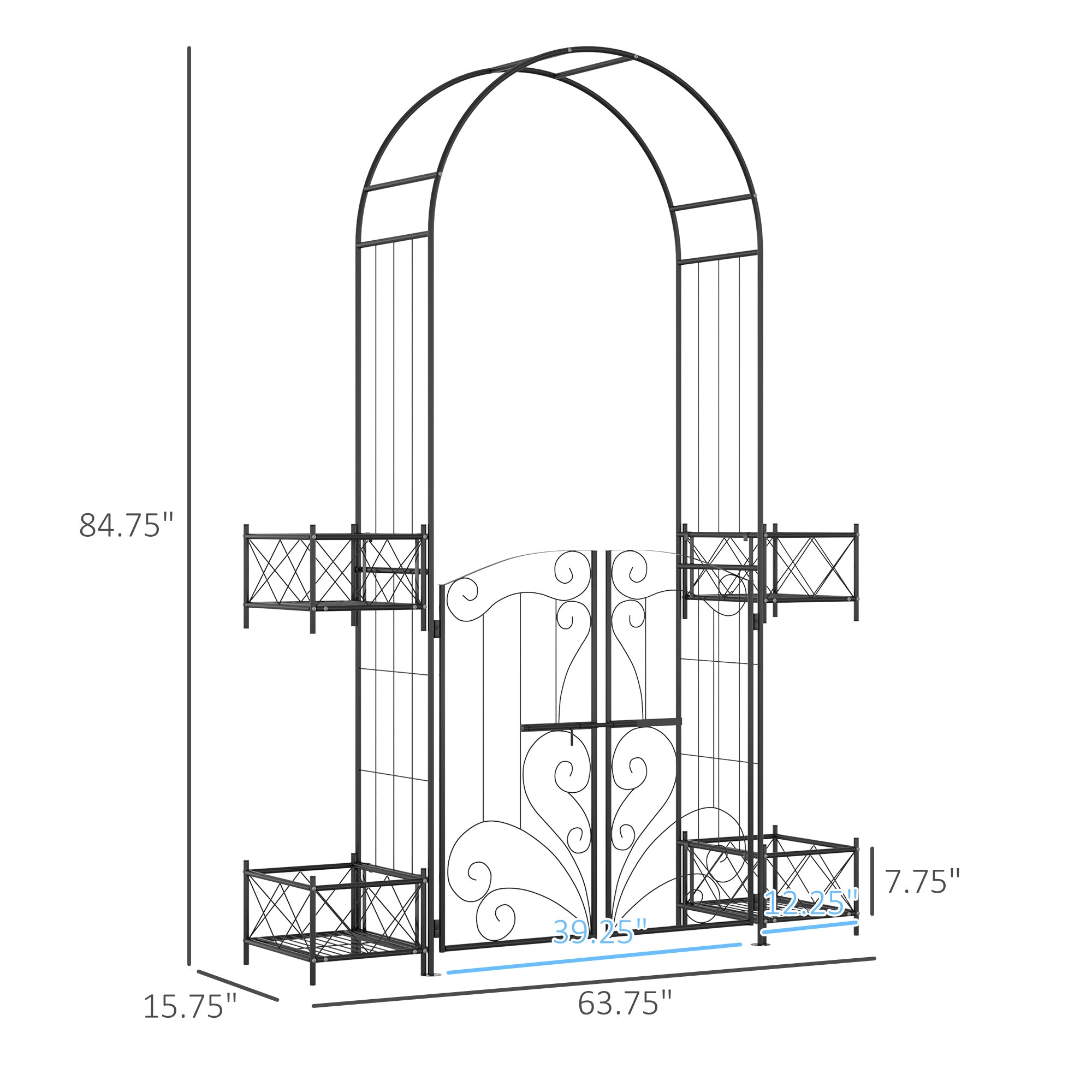 Outsunny 7' Metal Garden Arbor, Garden Arch with Gate, Scrollwork Hearts, Latching Doors, Planter Boxes for Climbing Vines, Ceremony, Weddings, Party, Garden, Backyard, Lawn, Black