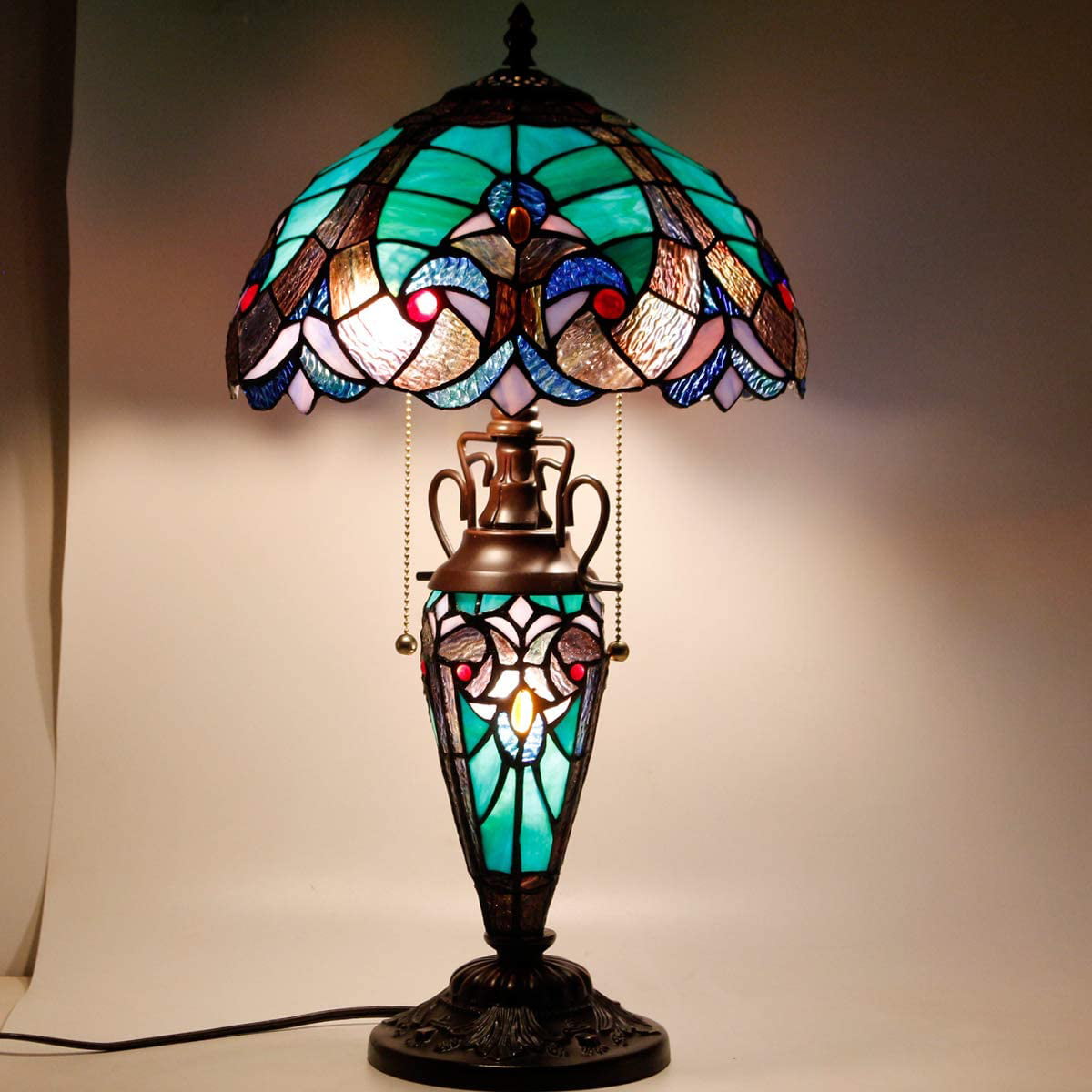 GEDUBIUBOO Tiffany Style Table Lamp Green Stained Glass Liaison Lamp 12X12X22 Inches Mother-Daughter Vase Desk Reading Light Decor Bedroom Living Room  Office S160G Series