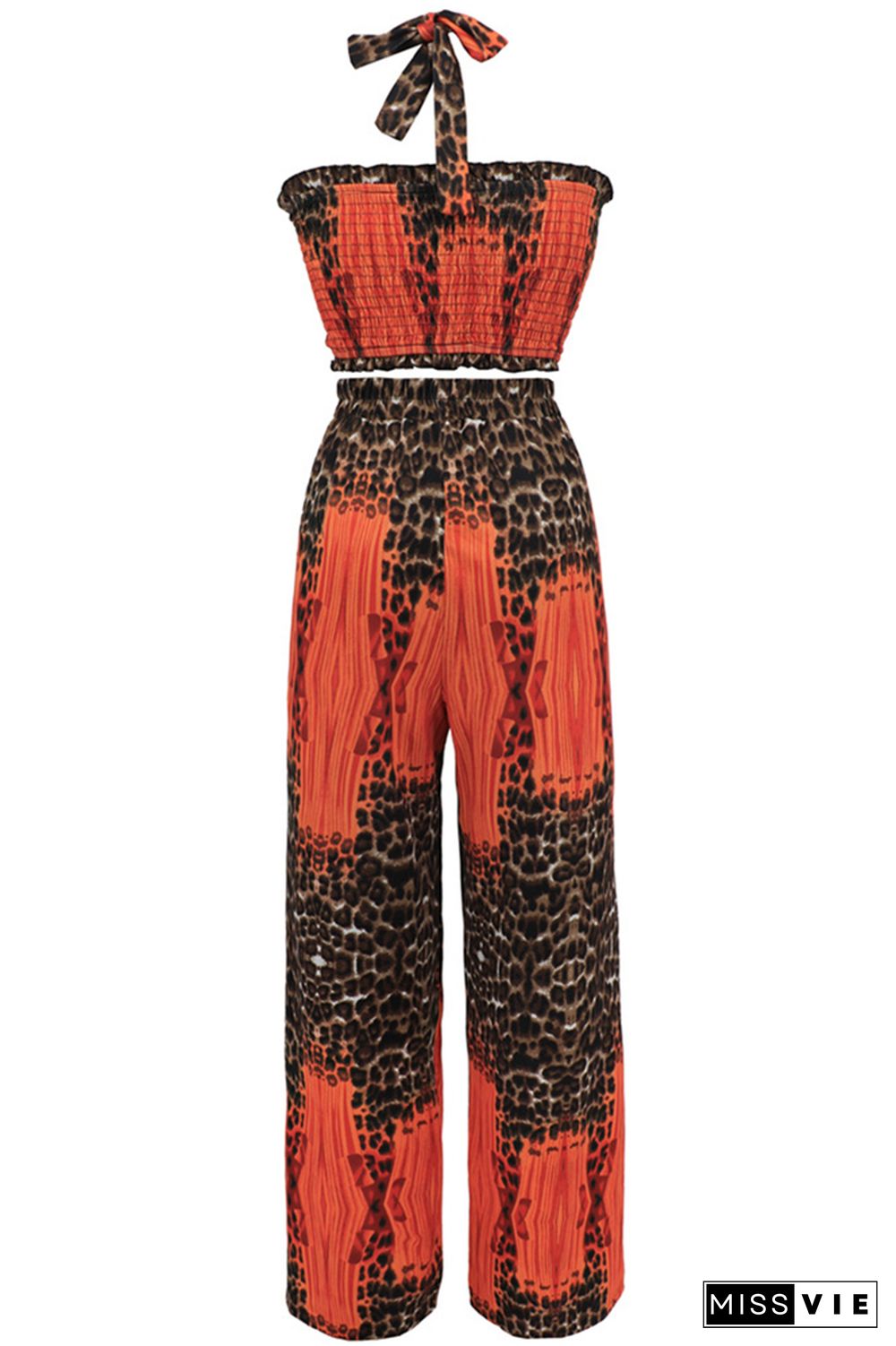 Halter Neck Tube Top and Wide Leg Pants Leopard 2PCS Set