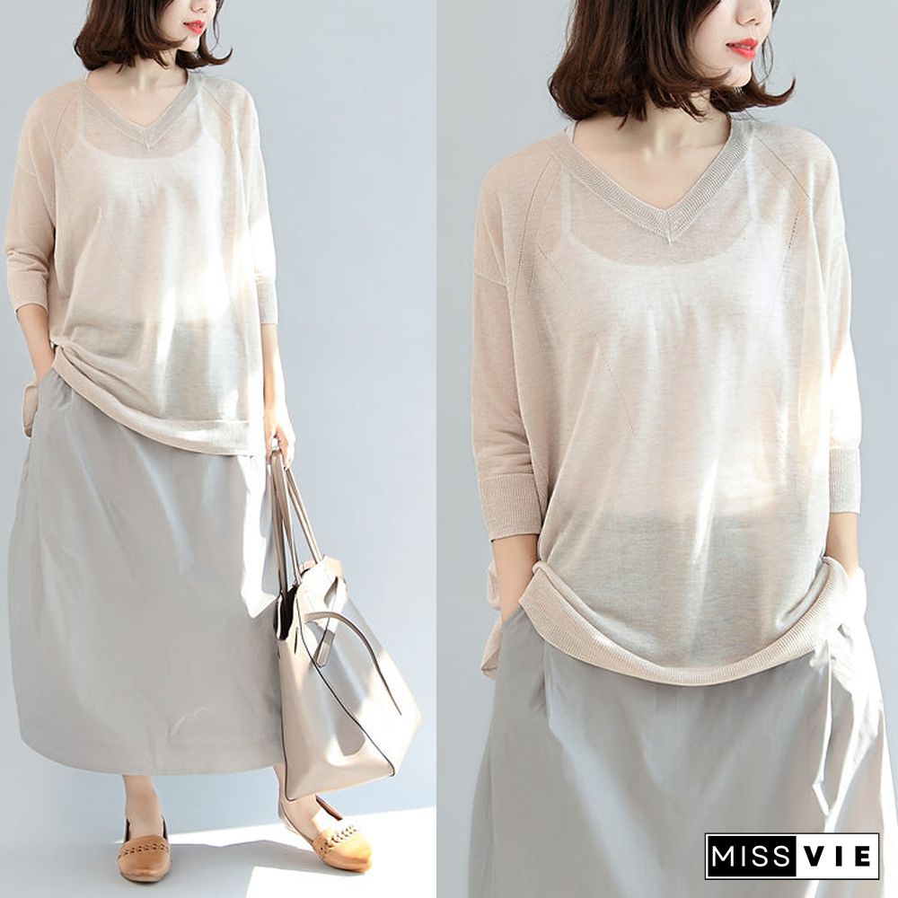 beige stylish linen blouse oversize tops long sleeve t shirt