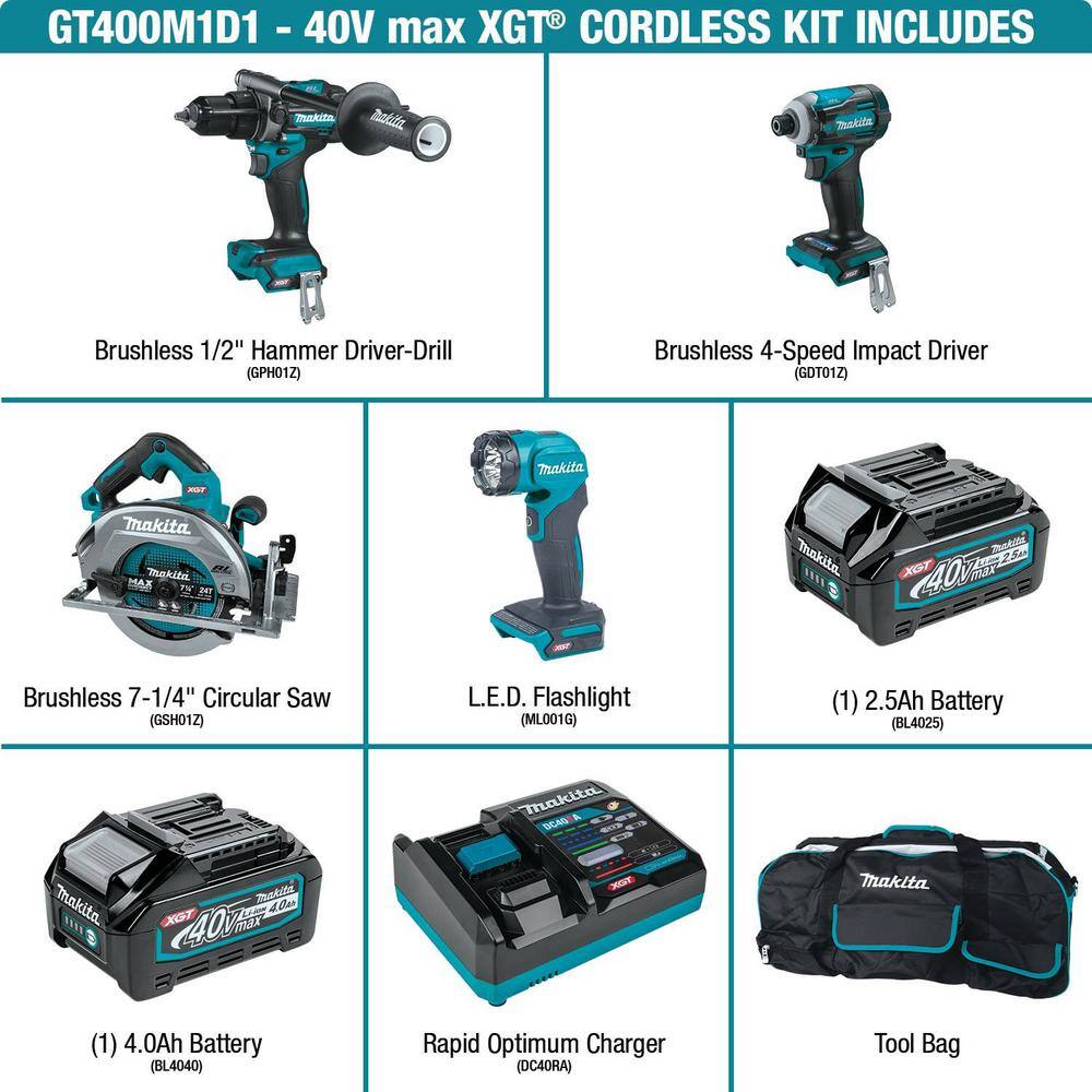 Makita 40V Max XGT Brushless Cordless 4-Piece Combo Kit (Hammer Driver-DrillImpact DriverCirc SawFlashlight) 2.5Ah4.0Ah GT400M1D1