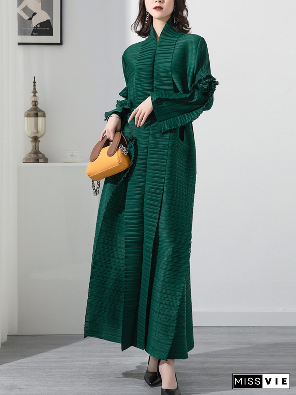 Casual Long Sleeves Loose Tied Pleated Stand Collar Midi Dresses