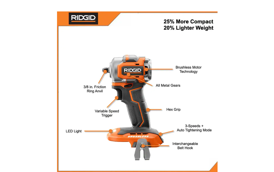 RIDGID R9224SBN 18V Lithium-Ion Brushless Cordless SubCompact Combo Kit (3-Tool) with (2) 2.0 Ah Lithium Battery， Charger and Bag