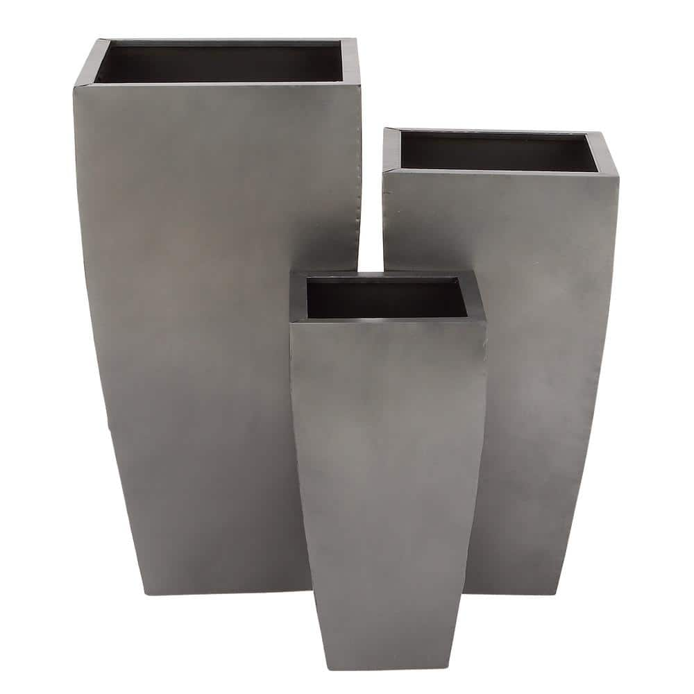 Litton Lane 15 in. x 30 in. Gray Metal Indoor Outdoor Light Weight Planter with Tapered Base and Polished Exterior (Set of 3) 53358