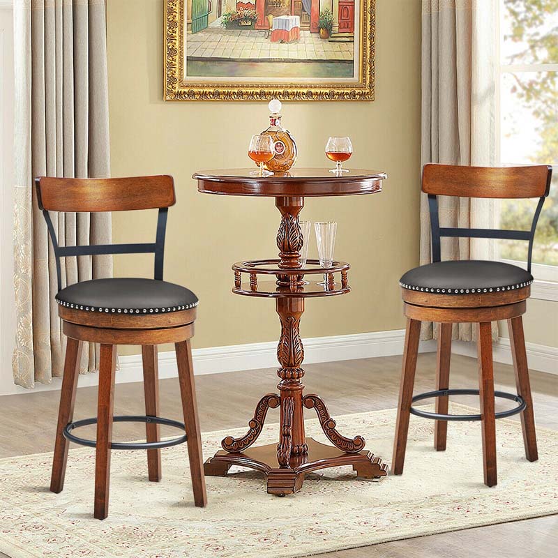 2-Pack 25.5 Wooden Swivel Bar Stools Counter Height Pub Kitchen Dining Chairs with Leather Padded Seat